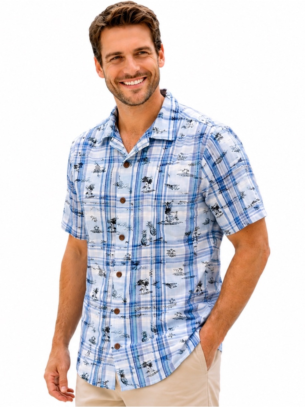Caribbean Y2K Tropical Plaid Island Print Button Shirt Short Sleeve L